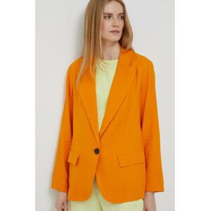 Ľanové sako Sisley oranžová farba, jednoradová, jednofarebná