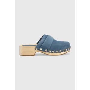 Semišové šľapky Tommy Hilfiger TH CLOG SUEDE dámske, tmavomodrá farba, na platforme, FW0FW07171