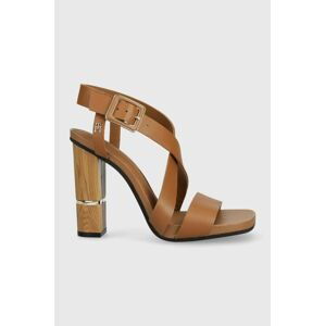 Kožené sandále Tommy Hilfiger HARDWARE BLOCK HIGH HEEL hnedá farba, FW0FW07016