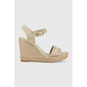 Sandále Tommy Hilfiger SEASONAL WEBBING WEDGE dámske, béžová farba, na platforme, FW0FW07088