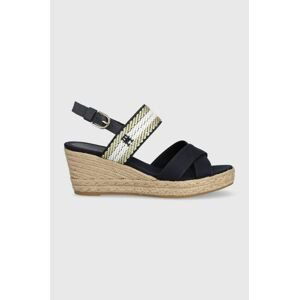 Sandále Tommy Hilfiger GOLDEN WEBBING MID WEDGE dámske, tmavomodrá farba, na kline, FW0FW07090