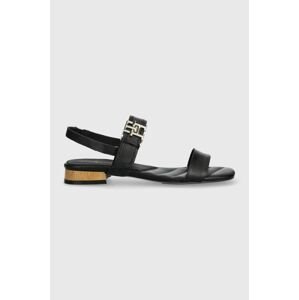 Kožené sandále Tommy Hilfiger HARDWARE FLAT SANDAL dámske, čierna farba, FW0FW07094