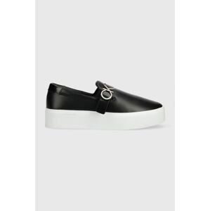 Kožené tenisky Calvin Klein FLATFORM CUP SLIP ON dámske, čierna farba, HW0HW01516