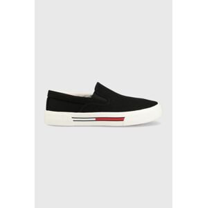 Tenisky Tommy Jeans SLIP-ON SIGNATURE DETAILING dámske, čierna farba, EN0EN02088