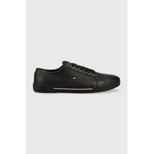 Kožené tenisky Tommy Hilfiger CORE CORPORATE VULC LEATHER pánske, čierna farba, FM0FM04561