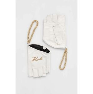 Kožené rukavice bez prstov Karl Lagerfeld dámske, biela farba