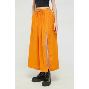 Ľanová sukňa Abercrombie & Fitch oranžová farba, maxi, áčkový strih