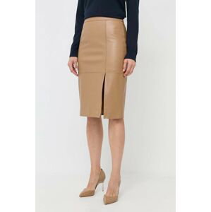 Kožená sukňa BOSS béžová farba, mini, rovný strih
