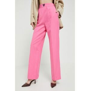 Nohavice s prímesou ľanu Love Moschino ružová farba, rovné, vysoký pás