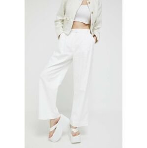 Ľanové nohavice Abercrombie & Fitch biela farba, široké, vysoký pás