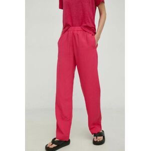 Nohavice s prímesou ľanu Samsoe Samsoe ružová farba, rovné, stredne vysoký pás