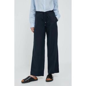 Ľanové nohavice Lauren Ralph Lauren tmavomodrá farba, široké, stredne vysoký pás