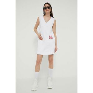 Rifľové šaty Love Moschino biela farba, mini, rovný strih