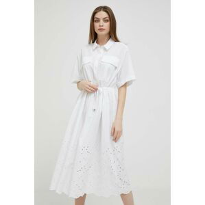 Bavlnené šaty United Colors of Benetton biela farba, midi, áčkový strih