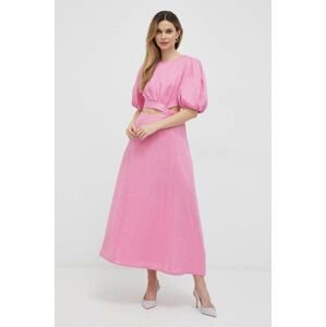 Ľanové šaty Bardot ružová farba, maxi, áčkový strih