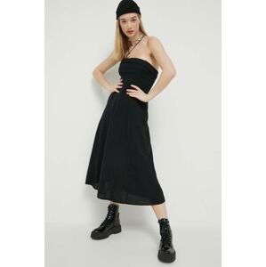 Ľanové šaty Abercrombie & Fitch čierna farba, midi, áčkový strih