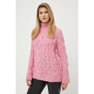 Vlnený sveter Custommade Taina dámsky, ružová farba, s rolákom