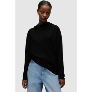 Vlnený sveter AllSaints dámsky, čierna farba, tenký, s polorolákom