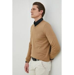 Bavlnený sveter BOSS pánsky, béžová farba, tenký