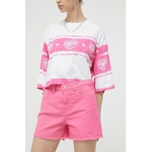 Rifľové krátke nohavice Love Moschino dámske, ružová farba, jednofarebné, vysoký pás