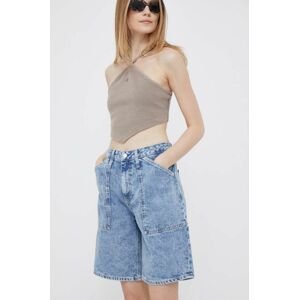 Rifľové krátke nohavice Calvin Klein Jeans dámske, jednofarebné, vysoký pás