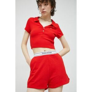 Šortky Tommy Jeans dámske, červená farba, jednofarebné, vysoký pás