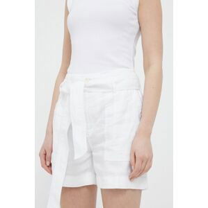Ľanové šortky Lauren Ralph Lauren biela farba, jednofarebné, vysoký pás