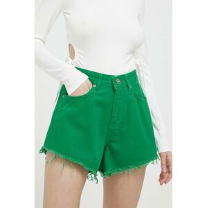 Rifľové krátke nohavice Sixth June dámske, zelená farba, jednofarebné, vysoký pás