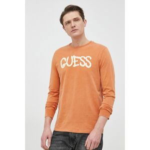 Bavlnené tričko s dlhým rukávom Guess x Brandalised oranžová farba, vzorované