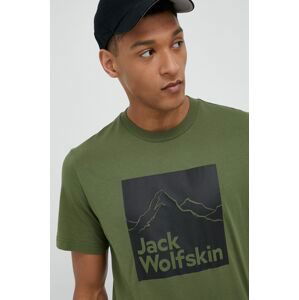 Bavlnené tričko Jack Wolfskin zelená farba, vzorované