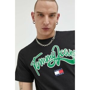 Bavlnené tričko Tommy Jeans čierna farba, s potlačou