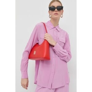 Hodvábna košeľa BOSS dámska, ružová farba, regular, s klasickým golierom