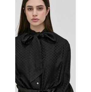 Hodvábna košeľa Karl Lagerfeld dámska, čierna farba, voľný strih, s viazaním vo výstrihu