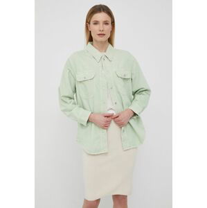 Rifľová košeľa Calvin Klein Jeans dámska, zelená farba, voľný strih, s klasickým golierom