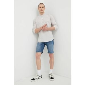 Košeľa s prímesou ľanu Premium by Jack&Jones pánska, šedá farba, slim, so stojačikom