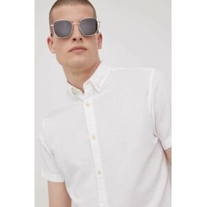 Košeľa s prímesou ľanu Produkt by Jack & Jones pánska, biela farba, regular, s golierom button-down