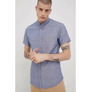 Košeľa s prímesou ľanu Produkt by Jack & Jones pánska, fialová farba, regular, so stojačikom