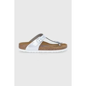 Kožené žabky Birkenstock Gizeh 1003675-Silver, dámske, strieborná farba, na plochom podpätku