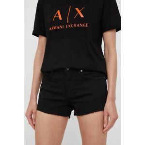 Rifľové krátke nohavice Armani Exchange dámske, čierna farba, jednofarebné, stredne vysoký pás