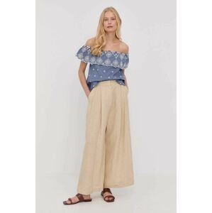 Ľanové nohavice MAX&Co. dámske, béžová farba, strih culottes, vysoký pás