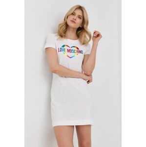 Bavlnené šaty Love Moschino biela farba, mini, rovný strih