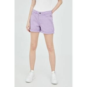 Rifľové krátke nohavice Noisy May dámske, fialová farba, jednofarebné, stredne vysoký pás