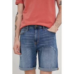 Rifľové krátke nohavice Produkt by Jack & Jones pánske, tmavomodrá farba,