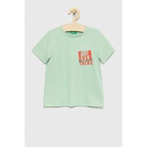 Detské bavlnené tričko United Colors of Benetton zelená farba, s potlačou