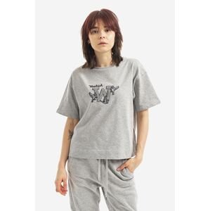 Bavlnené tričko Woolrich GRAPHIC šedá farba