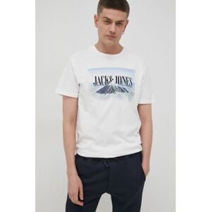 Bavlnené tričko Jack & Jones biela farba, s potlačou