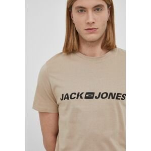 Bavlnené tričko Jack & Jones béžová farba, s potlačou