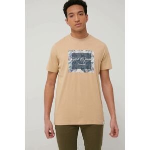 Bavlnené tričko Premium by Jack&Jones béžová farba, s potlačou