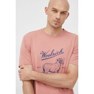 Bavlnené tričko Woolrich ružová farba, s potlačou