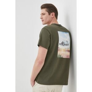 Bavlnené tričko Woolrich CFWOTE0067MRUT2924-103, zelená farba, jednofarebné